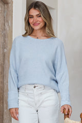 Joanne Knit Top - Crew Neckline Bat Wing Long Sleeve Top in Light Blue