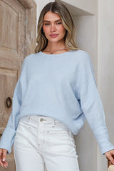 Joanne Knit Top - Crew Neckline Bat Wing Long Sleeve Top in Light Blue