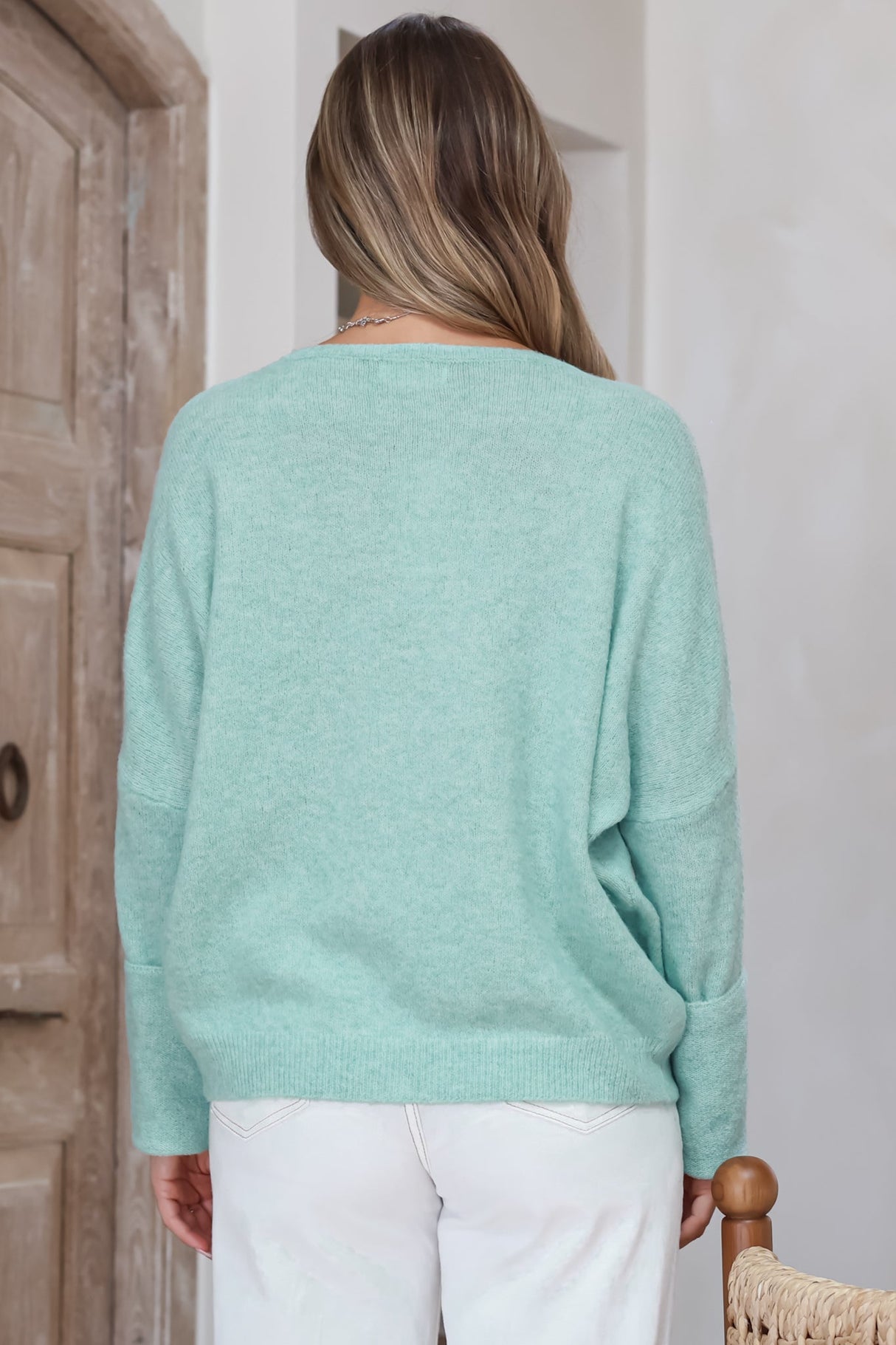 Joanne Knit Top - Crew Neckline Bat Wing Long Sleeve Top in Light Green