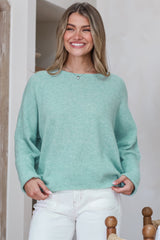 Joanne Knit Top - Crew Neckline Bat Wing Long Sleeve Top in Light Green