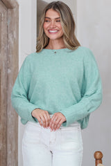 Joanne Knit Top - Crew Neckline Bat Wing Long Sleeve Top in Light Green