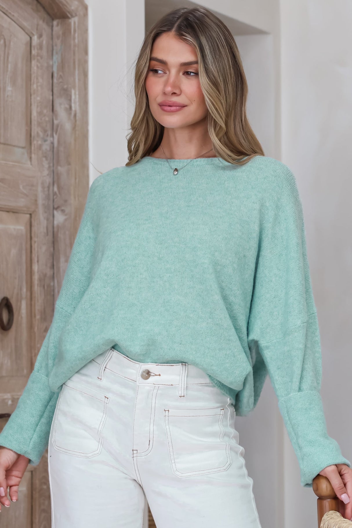 Joanne Knit Top - Crew Neckline Bat Wing Long Sleeve Top in Light Green