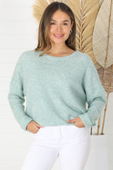 Joanne Knit Top - Crew Neckline Bat Wing Long Sleeve Top in Mint