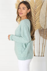 Joanne Knit Top - Crew Neckline Bat Wing Long Sleeve Top in Mint