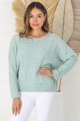 Joanne Knit Top - Crew Neckline Bat Wing Long Sleeve Top in Mint