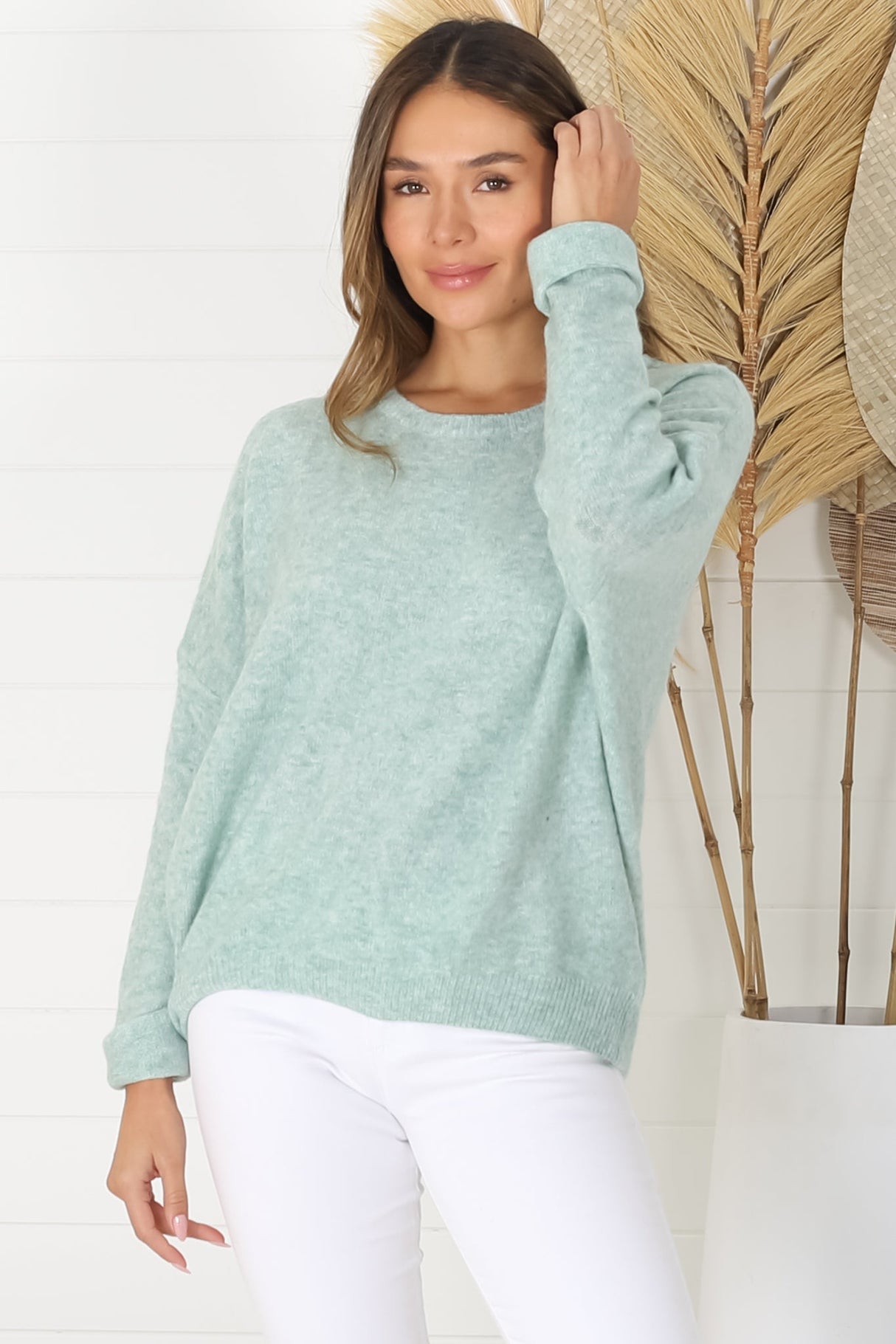 Joanne Knit Top - Crew Neckline Bat Wing Long Sleeve Top in Mint
