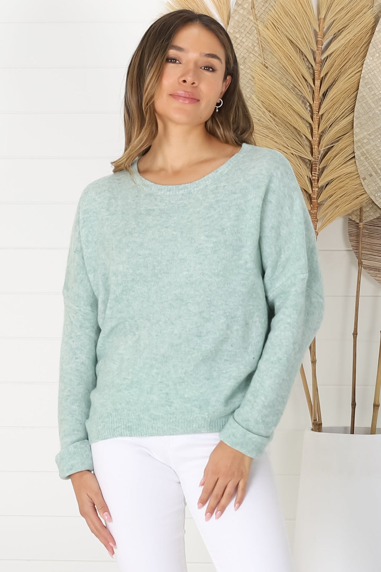 Joanne Knit Top - Crew Neckline Bat Wing Long Sleeve Top in Mint
