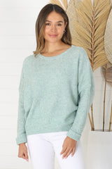 Joanne Knit Top - Crew Neckline Bat Wing Long Sleeve Top in Mint