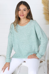 Joanne Knit Top - Crew Neckline Bat Wing Long Sleeve Top in Mint