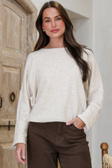 Model wearing Joanne Knit Top in Oatmeal from Salty Crush