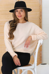 Joanne Knit Top - Crew Neckline Bat Wing Long Sleeve Top in Pale Peach