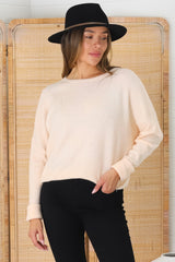 Joanne Knit Top - Crew Neckline Bat Wing Long Sleeve Top in Pale Peach