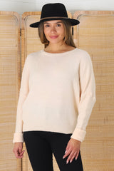 Joanne Knit Top - Crew Neckline Bat Wing Long Sleeve Top in Pale Peach