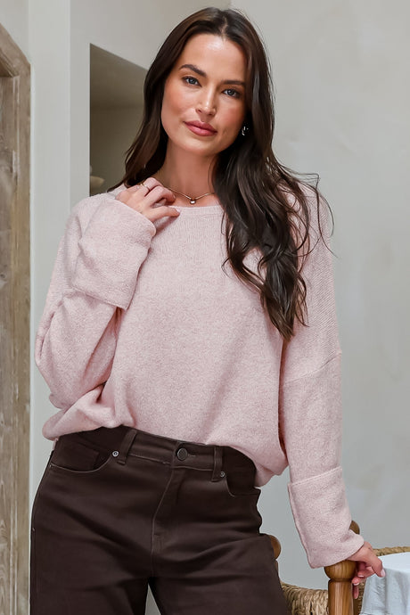 Joanne Knit Top - Crew Neckline Bat Wing Long Sleeve Top in Pale Pink