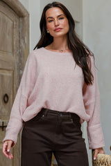 Joanne Knit Top - Crew Neckline Bat Wing Long Sleeve Top in Pale Pink