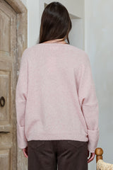 Joanne Knit Top - Crew Neckline Bat Wing Long Sleeve Top in Pale Pink