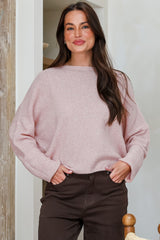 Joanne Knit Top - Crew Neckline Bat Wing Long Sleeve Top in Pale Pink