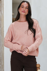 Joanne Knit Top - Crew Neckline Bat Wing Long Sleeve Top in Rose Pink