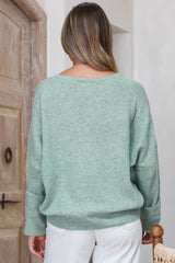 Joanne Knit Top - Crew Neckline Bat Wing Long Sleeve Top in Sea Green