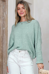 Joanne Knit Top - Crew Neckline Bat Wing Long Sleeve Top in Sea Green