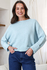 Joanne Knit Top - Crew Neckline Bat Wing Long Sleeve Top in Sky Blue