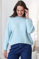 Joanne Knit Top - Crew Neckline Bat Wing Long Sleeve Top in Sky Blue