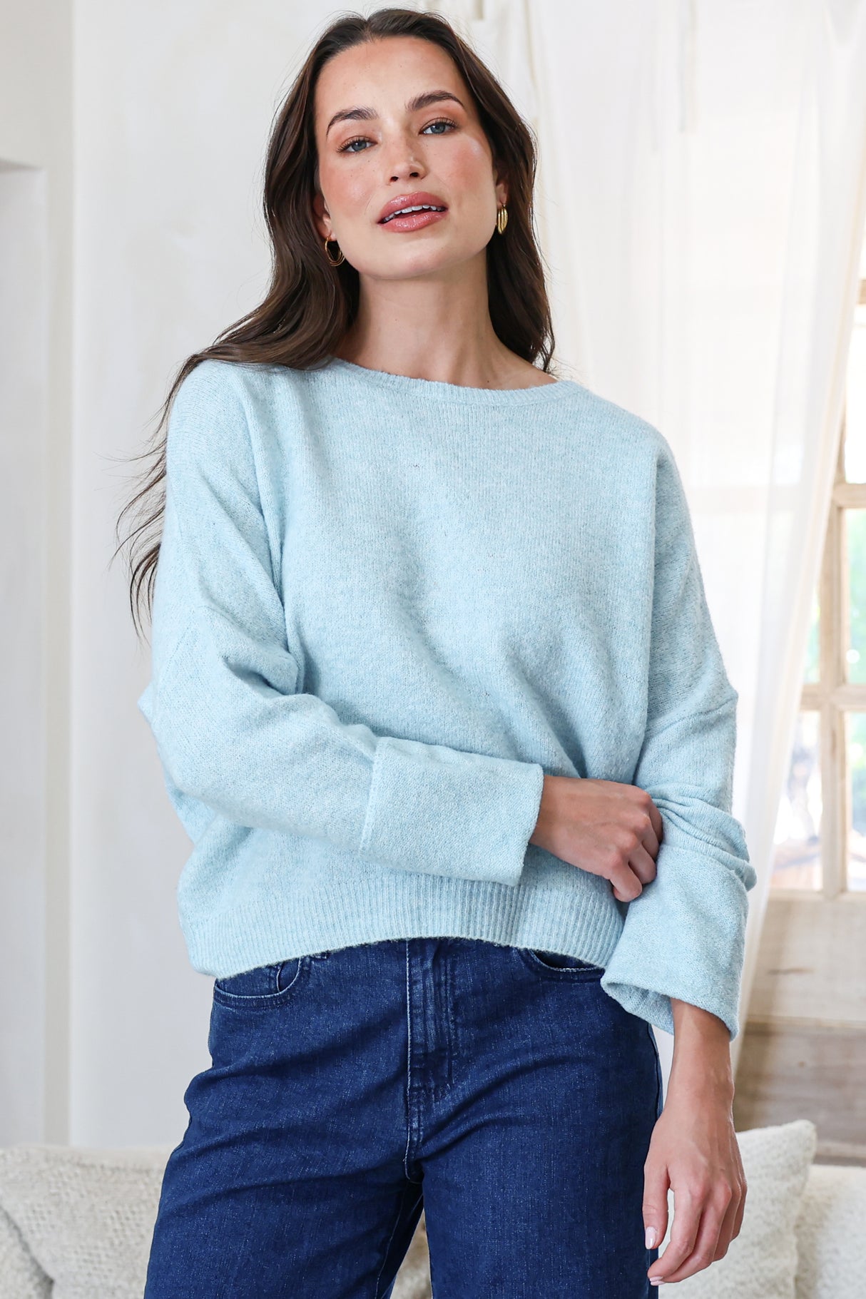 Joanne Knit Top - Crew Neckline Bat Wing Long Sleeve Top in Sky Blue