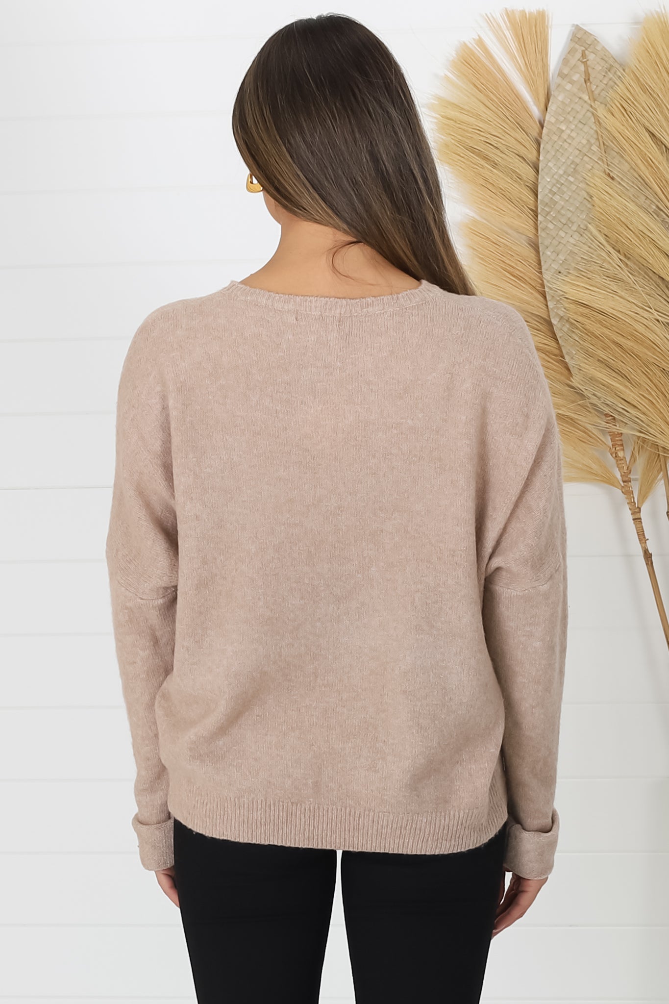 Joanne Knit Top - Crew Neckline Bat Wing Long Sleeve Top in Stone Brown