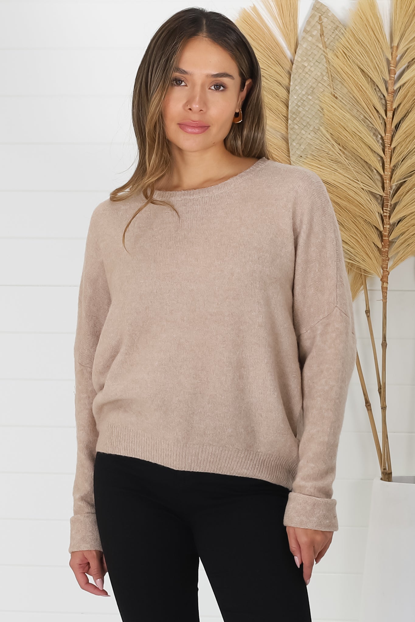 Joanne Knit Top - Crew Neckline Bat Wing Long Sleeve Top in Stone Brown