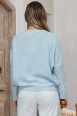 Joanne Knit Top - Crew Neckline Bat Wing Long Sleeve Top in Baby Blue