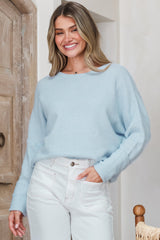 Joanne Knit Top - Crew Neckline Bat Wing Long Sleeve Top in Baby Blue
