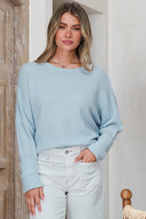Joanne Knit Top - Crew Neckline Bat Wing Long Sleeve Top in Baby Blue