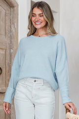Joanne Knit Top - Crew Neckline Bat Wing Long Sleeve Top in Baby Blue