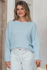 Joanne Knit Top - Crew Neckline Bat Wing Long Sleeve Top in Baby Blue