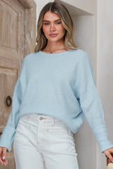 Joanne Knit Top - Crew Neckline Bat Wing Long Sleeve Top in Baby Blue
