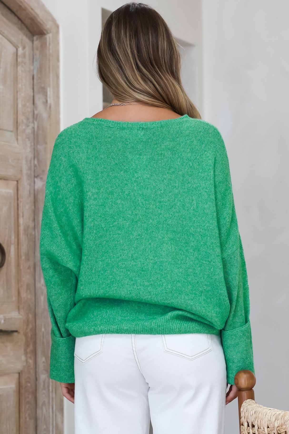 Joanne Knit Top - Crew Neckline Bat Wing Long Sleeve Top in Green