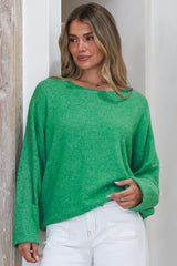 Joanne Knit Top - Crew Neckline Bat Wing Long Sleeve Top in Green