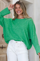 Joanne Knit Top - Crew Neckline Bat Wing Long Sleeve Top in Green