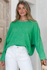 Joanne Knit Top - Crew Neckline Bat Wing Long Sleeve Top in Green