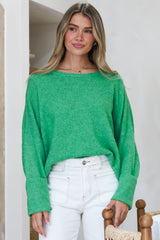 Joanne Knit Top - Crew Neckline Bat Wing Long Sleeve Top in Green