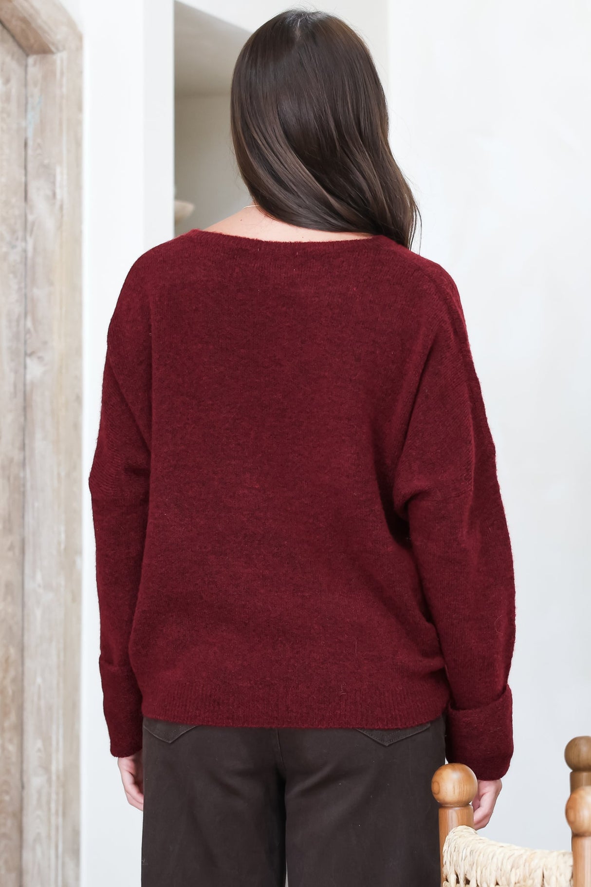 Joanne Knit Top - Crew Neckline Bat Wing Long Sleeve Top in Wine
