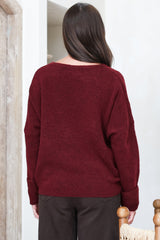 Joanne Knit Top - Crew Neckline Bat Wing Long Sleeve Top in Wine