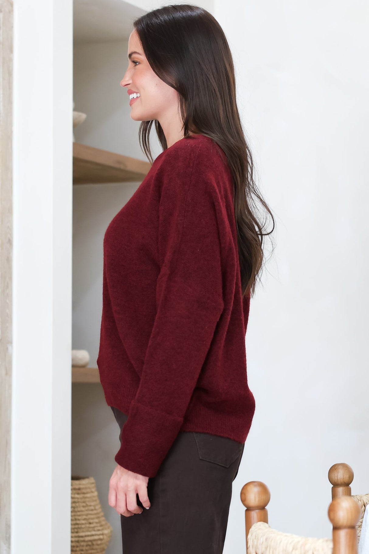 Joanne Knit Top - Crew Neckline Bat Wing Long Sleeve Top in Wine