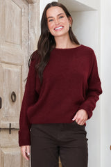 Joanne Knit Top - Crew Neckline Bat Wing Long Sleeve Top in Wine