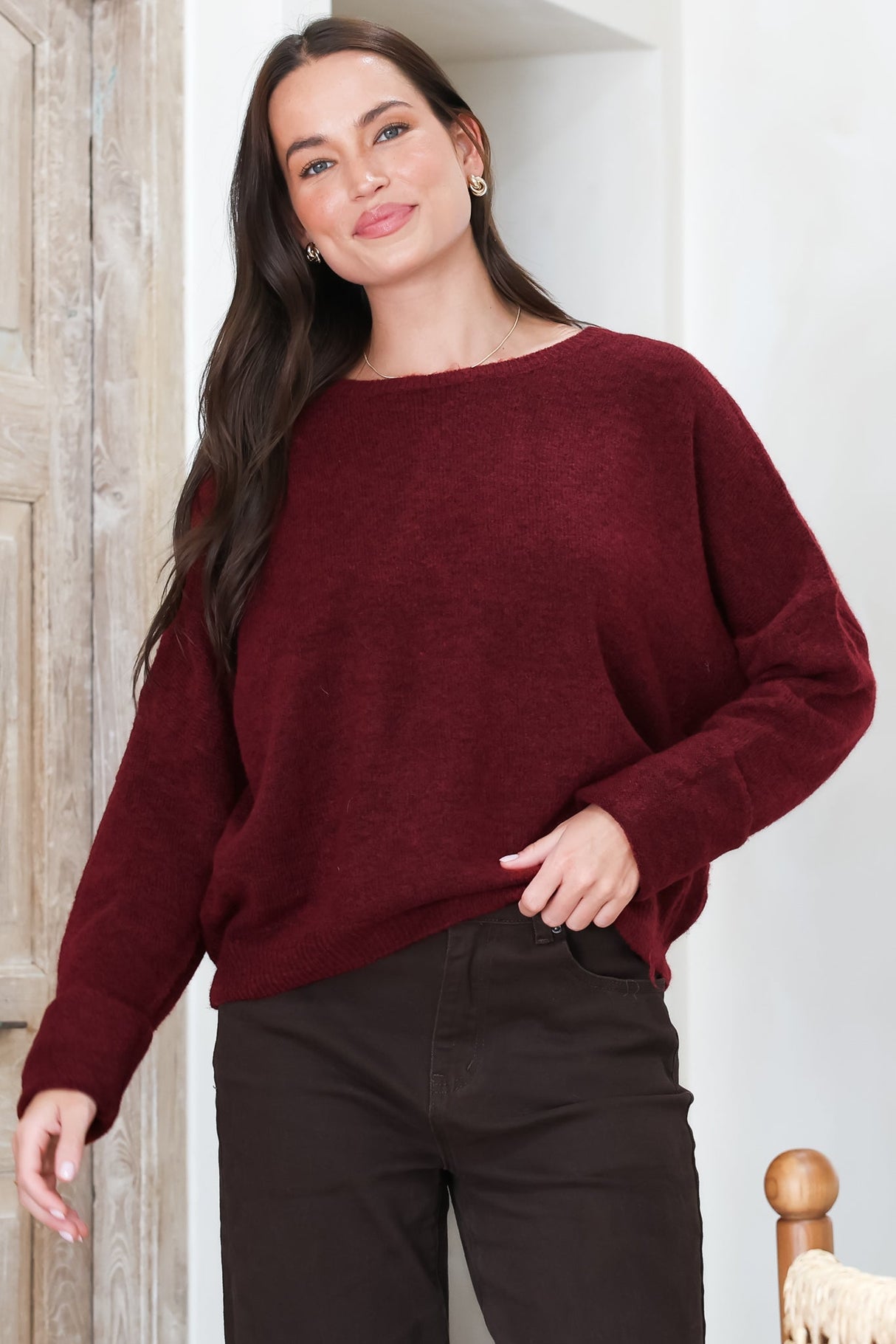 Joanne Knit Top - Crew Neckline Bat Wing Long Sleeve Top in Wine