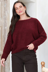 Joanne Knit Top - Crew Neckline Bat Wing Long Sleeve Top in Wine