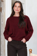 Joanne Knit Top - Crew Neckline Bat Wing Long Sleeve Top in Wine