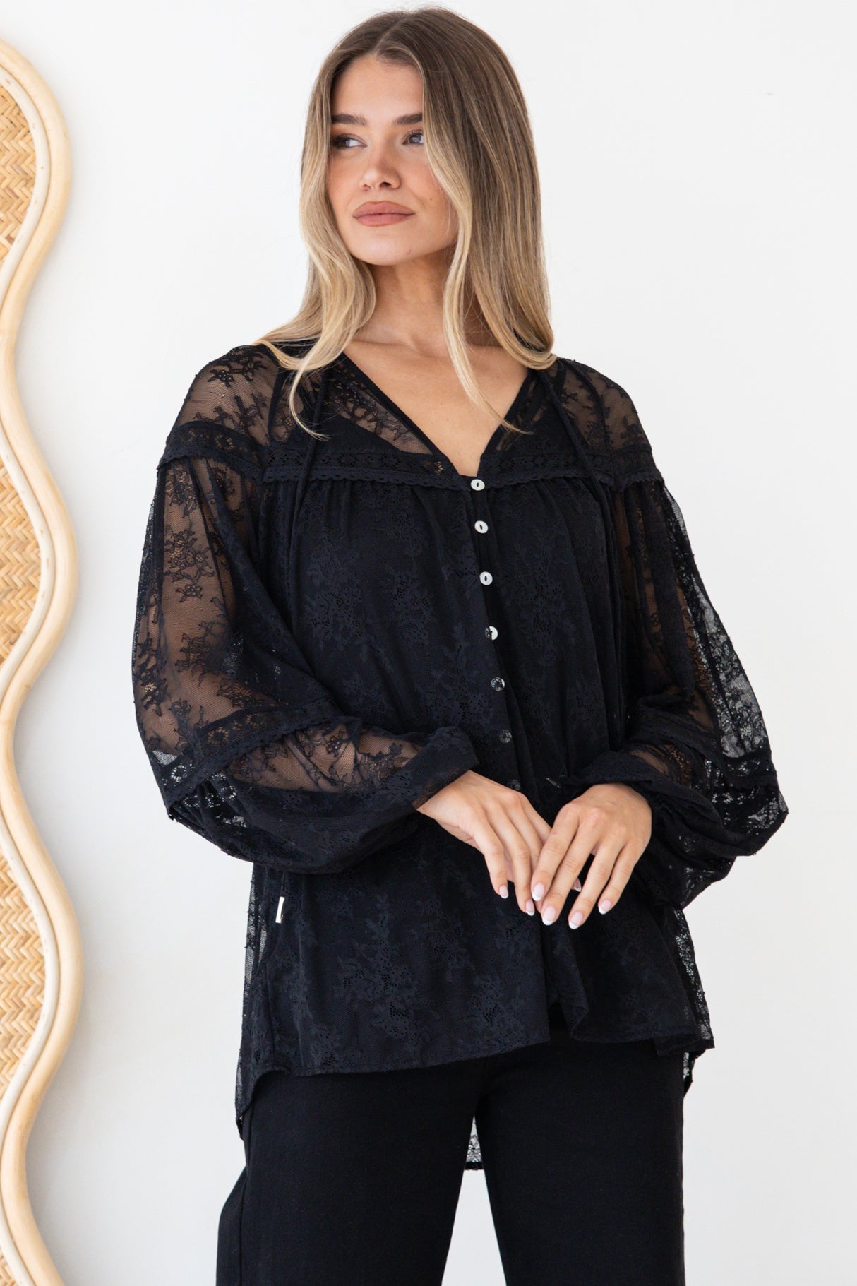 Jocelyn Blouse - Lace Button Down with Cami and Balloon Sleeves in Black