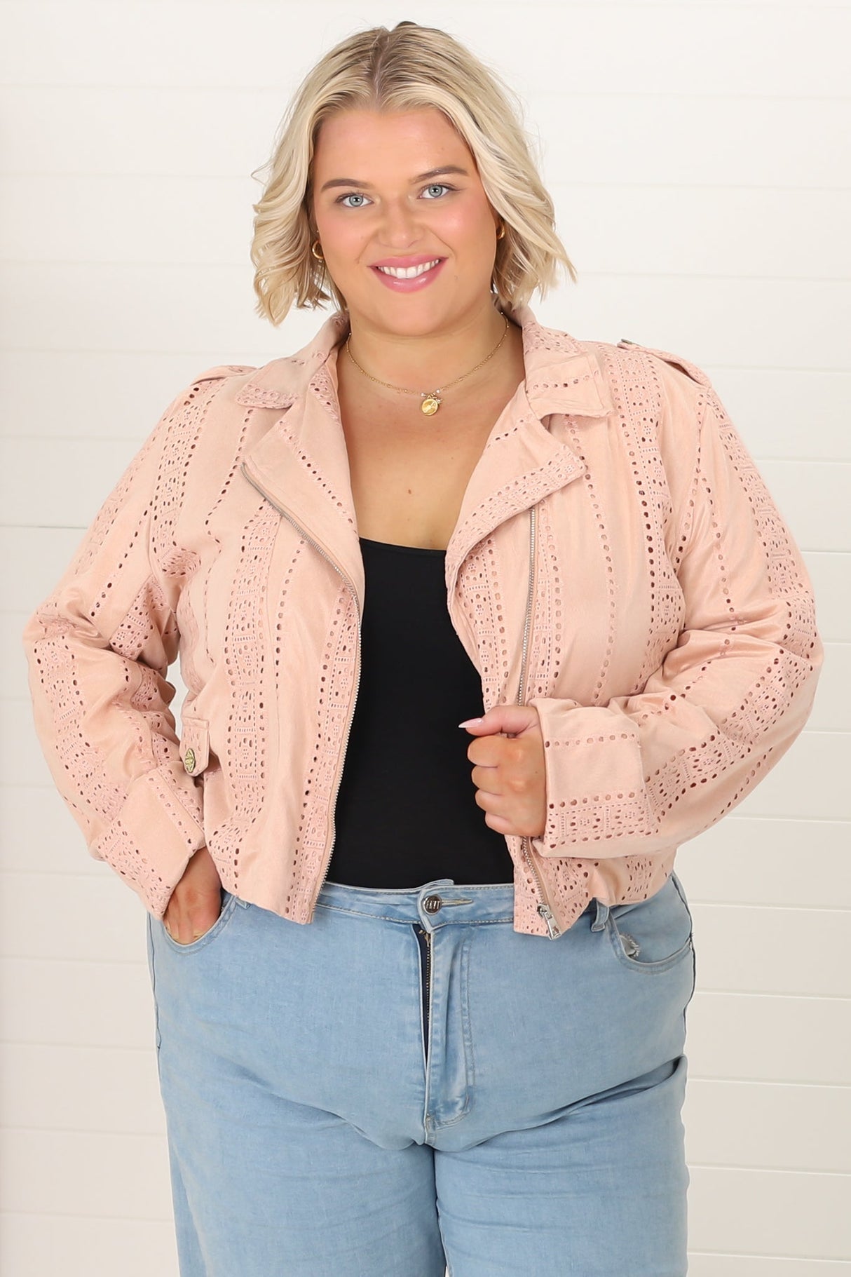 Jodi Jacket - Embroidered Detailing Biker Faux Suede Jacket in Blush