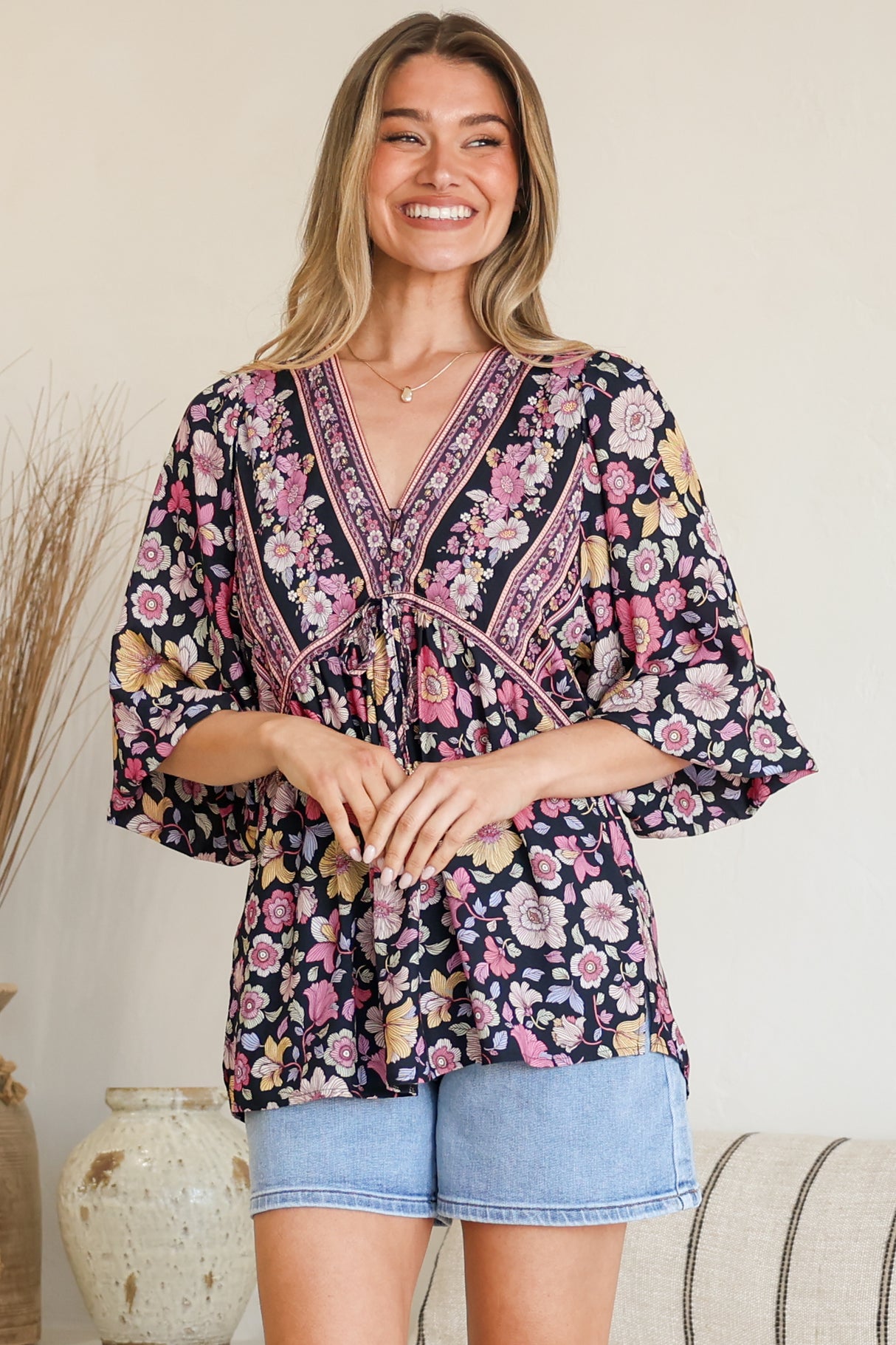 Model wearing Joelle Top in Anissa Print Black from Salty Crush